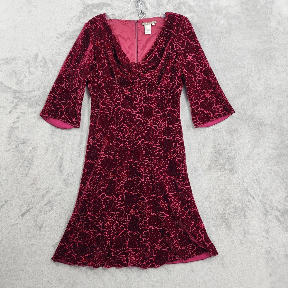 Isabella Bird Dress Womens 4P PETITE Red Burgundy Cisele Silk Velvet Floral Midi